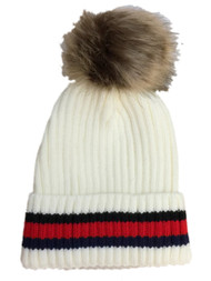Womens Ivory Cable Knit Pom Beanie Hat Knit Stocking Cap Blue Red Black Stripe