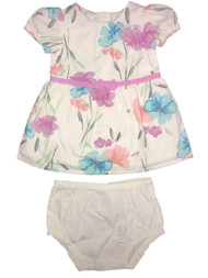 Infant Girls White Flower Flared Baby Dress Floral Bow Front & Diaper Cover