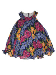 Infant Girls Navy Blue Colorful Flowers Floral Pleated Bell Baby Dress