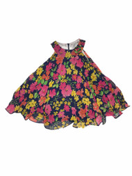 Infant Girls Navy Blue & Pink Daisy Formal Summer Pleated Bell Baby Dress