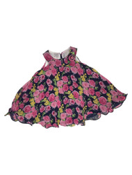 Infant & Toddler Girls Navy Blue & Pink Roses Formal Pleated Bell Baby Dress