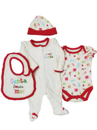 Baby Girls White Body Suit Hat Bib Christmas Santa Sleeper Holiday Pajamas