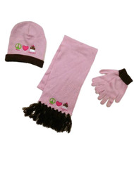 Girls Pink & Brown Peace Love Cupcakes Winter Beanie Hat Scarf & Gloves Set