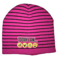 Emojination Girls Pink & Black Stripes Emoji Knit Beanie Winter Stocking Hat
