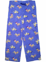 Womens Blue Reindeer & Scarfs Christmas Fleece Sleep Pants Pajama Bottoms