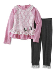 Girls Pink & White Lace Sweater Top With Bow & Gray Lace Cuffed Leggings Set