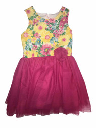 Girls Yellow Flower Burn Out Pink Tulle Skirt Sleeveless Summer Sun Dress