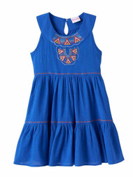 Girls Blue Aztec Print Emroidered Sleeveless Tiered Summer Dress