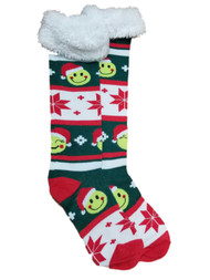 Women's Green Stripe Christmas Smile Emoji Poinsettia Stocking Knee Socks Santa