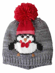 David & Young Womens Gray & Red Pom Penguin Holiday Beanie Hat Knit Stocking Cap