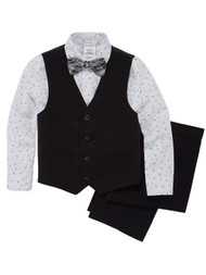 Boys Black & White 4pc Seersucker Suit Pants Vest Shirt & Plaid Bowtie Outfit