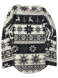 Womens Cream & Black Knit Nordic Snowflake Semi-Sheer Reindeer T-Shirt