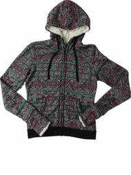 Womens Gray Red Green Nordic Print Sweatshirt Hoodie Christmas Holiday Zip-Up