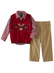 Infant & Toddler Boys Holiday Suit Outfit Reindeer Vest Plaid Shirt & Pants