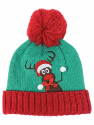 David & Young Womens Green Pom Reindeer Holiday Beanie Hat Knit Stocking Cap