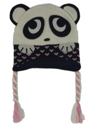 Girls Black & White Panda Bear Heart Peruvian Style Critter Trapper Hat