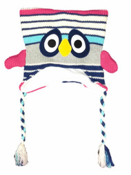 Girls Gray & Ivory Striped Owl Peruvian Style Critter Trapper Bird Hat
