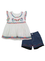 Girls White Flutter Sleeve Embroidery Tunic & Blue Denim Jean Shorts Set