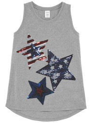 Girls Gray Sequin Stars American Flag Tank Top Patriotic 4th of July Shirt