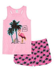 Girls Pink Flamingo Talk To The Palm Pajamas Shorts & Tank Top Sleep Set