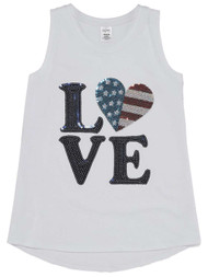 Girls White Sequin Love American Flag Tank Top Patriotic 4th of July Shirt