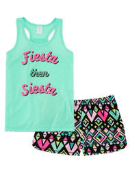 Girls Green Fiesta Then Siesta Pajamas Shorts & Tank Top Aztec Sleep Set