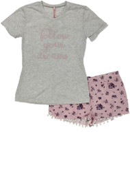 Junior Womens Follow Your Dreams Floral Flower Pajamas Tan Pink Shorts Sleep Set