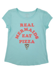 Girls Blue Glitter Real Mermaids Eat Pizza T-Shirt Tee Shirt Top