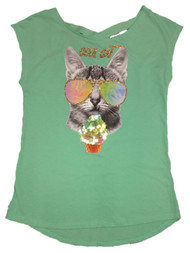 Girls Blue Sequin Cool Cat T-Shirt Glitter Kitty & Cupcake Tee Shirt Top