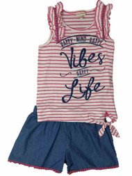 Girls Happy Vibes & Life Outfit Stripe Pink Shirt & Blue Chambray Shorts Set