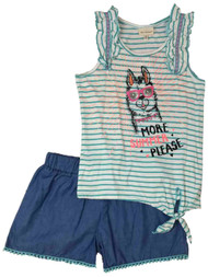 Girls Llama Outfit Stripe More Summer Please Shirt & Blue Chambray Shorts