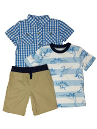 Toddler Boys Blue Dinosaur Outfit Check Button Shirt T-Shirt & Shorts Set