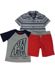 Toddler Boys Sea You Later Outfit Button Shirt Shark T-Shirt & Shorts Set