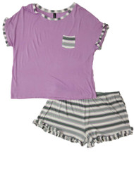 Womens Junior Purple White & Gray Ruffle Stripe Pajamas Shorts Sleep Set