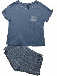 Womens Juniors Blue White Heathered Tribal Triangle Pajamas Shorts Sleep Set