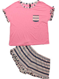 Womens Junior Neon Pink Blue White Ruffle Striped Pajamas Shorts Sleep Set
