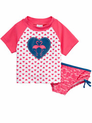 Kiko & Max Infant Girls Pink Flamingo & Hearts Swim Suit Rash Guard & Bottoms