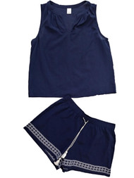 Womens Navy Blue White Embroidered Tribal Accent Pajamas Shorts Sleep Set