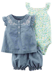 Carters Infant Girls Outfit Blue Chambray Shirt Yellow Floral Bodysuit & Shorts