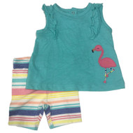 Carters Infant Girls Pink Flamingo Baby Outfit Aqua Shirt & Stripe Shorts Set