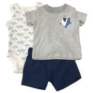 Carters Infant Boys 3pc Shark Fish Baby Outfit Bodysuit Shirt & Shorts Set