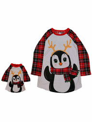Girls Red Plaid Flannel Penguin Reindeer Nightgown & Doll Night Gown Set