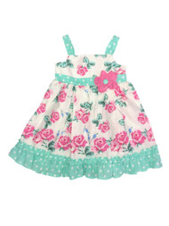 Infant Girls White Spring Dress With Roses & Green Polka Dot Summer Dress