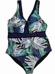 Womens Blue Philodendron Tropical Leaf One Piece Areca Palm Swimming Suit 22