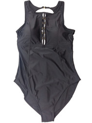 Womens Black & Gold Buckle One Piece Buckle V-Neck Accent Top Swimming Suit