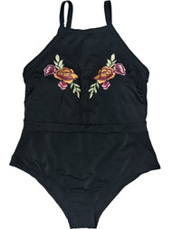 Womens Black Orange Red Flower Embroidered One Piece Floral Swimming Suit