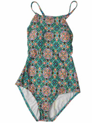 Womens Blue & Orange Mandala Kaleidoscope Print One Piece Swimming Suit Large