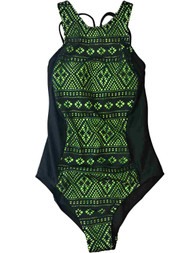 Womens Black & Neon Green Eyelet Crochet One Piece Criss-Cross Swimming Suit
