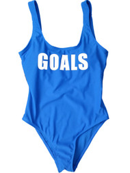 Womens Bright Blue White Print Goals Script One Piece Swimming Suit