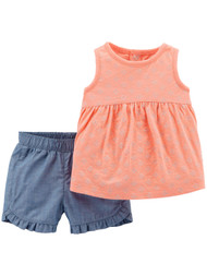 Carters Infant Girls Baby Outfit Peach Tank Shirt & Blue Chambray Shorts Set